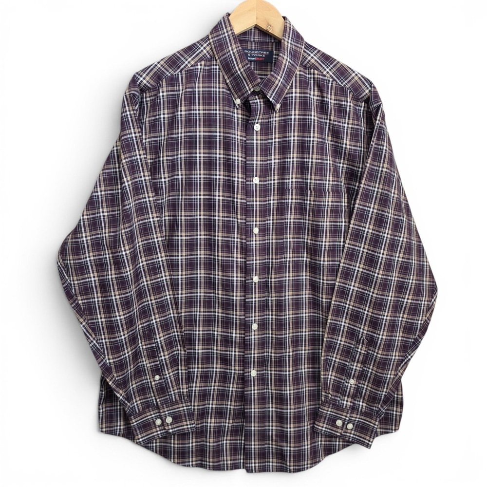 Roundtree & Yorke Shirt Mens Large Purple Plaid Button Down Travel Smart Casual‎